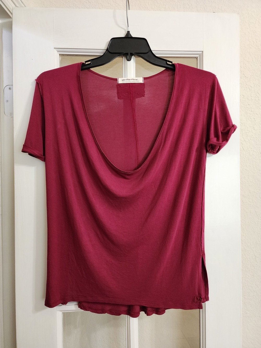 Free People We The Free Deep V Neck Raw Hem Tee Top Small Boho